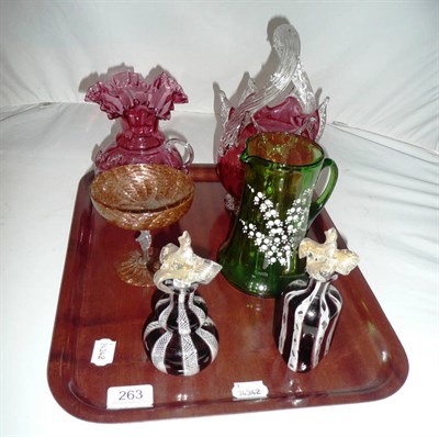 Lot 263 - Victorian green glass jug, cranberry glass jug and basket, bon-bon dish and two scent bottles