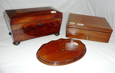 Lot 267 - Mahogany two division tea caddy lacking bowl, hinged box and a small inlaid tray