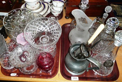 Lot 268 - Two trays including glass ware, pewter tankard, framed print, and mirror, etc