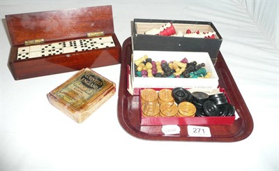 Lot 271 - Tray of bone chest pieces, cased dominos, drafts etc