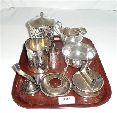 Lot 281 - Tray including a silver preserve jar, silver plated mug, silver cream jug and basin, etc