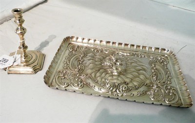 Lot 289 - A silver taper stick, Birmingham assay and a silver dressing table tray, Birmingham assay