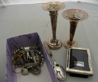 Lot 334 - Silver photo frame, silver spill vase, Tiffany silver keyring, various costume and other...