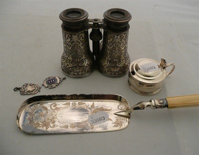 Lot 336 - Chased opera glasses, a silver mustard pot and liner, two medals and an ivory handled crumb scoop