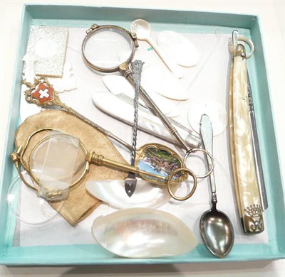 Lot 342 - Mother-of-pearl handled fruit knife and razor, two pinces-nez, two spoons and Chinese...