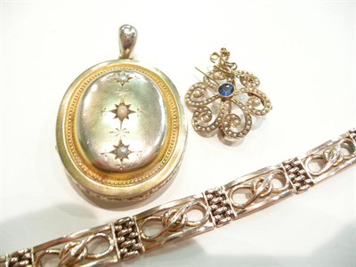 Lot 345 - A gold bracelet with two lockets, a seed pearl and purple stone brooch and a gold metal locket