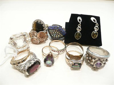 Lot 348 - Assorted gold and silver dress rings, earrings, etc