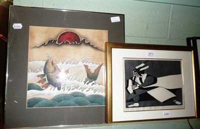 Lot 377 - A framed Japanese wood block print signed and numbered 11/30 together with a framed watercolour