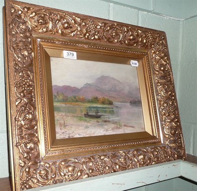 Lot 379 - Oil on canvas showing a highland scene with gilt gesso frame, 'Ross Point from Luss' by J D Taylor