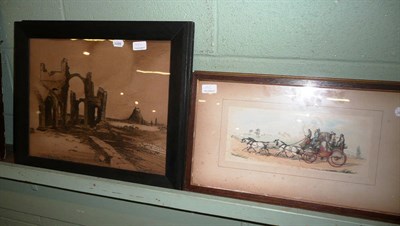 Lot 380 - Pair of 19th century gilt-framed prints of interior scenes, a pair of coaching prints and a pair of