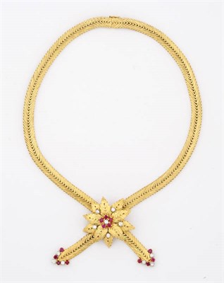 Lot 359 - An 18 Carat Gold Ruby and Diamond Set Necklace, with Detachable Brooch, 1964, the herringbone...