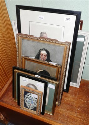 Lot 388 - Twelve assorted framed pictures including an oil painting of a spaniel, a portrait of a nun and...