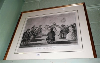 Lot 397 - A framed black and white print 'Conversaliore' published Feb 11th 1782, bound volumes of...