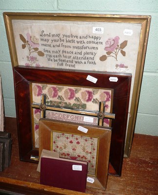 Lot 403 - Framed sampler by Elizabeth Cliff 1844, mahogany-framed sampler, small alphabet framed sampler...