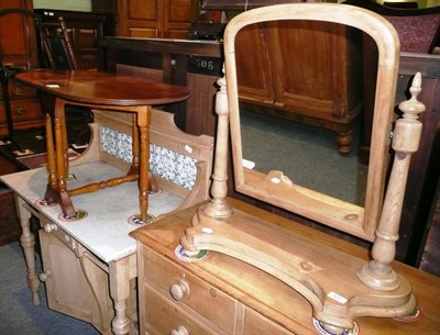 Lot 437 - A marble top washstand, pine toilet mirror and a yew wood table