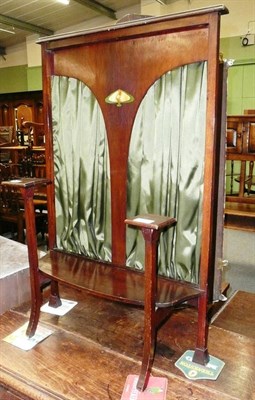 Lot 471 - Art Nouveau fire screen with green fabric back and mortar board finials