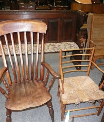 Lot 488 - 19th century ash kitchen armchair, a rush seated spindle back armchair