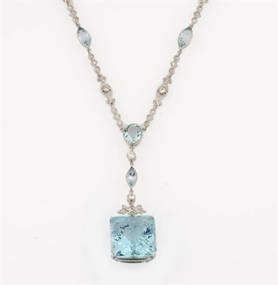 Lot 376 - An Aquamarine and Diamond Necklace, a faceted square aquamarine suspends from aquamarine and...