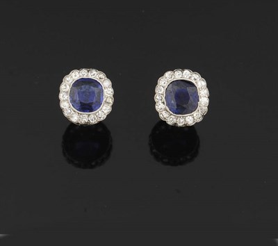 Lot 382 - A Pair of Sapphire and Diamond Cluster Earrings, cushion cut sapphires bordered by old cut diamonds