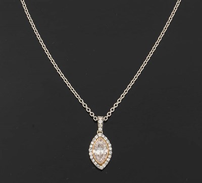 Lot 393 - A Fancy Light Pink Coloured Diamond Pendant on Chain, the light pink marquise cut diamond in a...