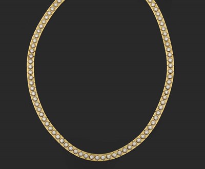 Lot 394 - An 18 Carat Gold Diamond Set Necklace, a squared matt yellow link chain is set with spaced...