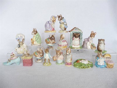 Lot 1046 - Seventeen Royal Albert Beatrix Potter Mice, Miss Dormouse; The Old Woman who Lived in a Shoe;...