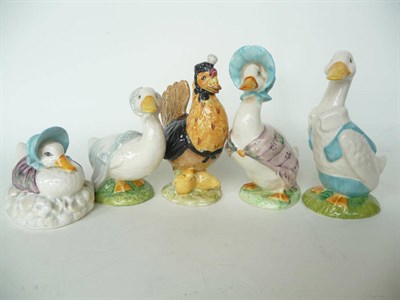 Lot 1051 - Five Beswick Beatrix Potter Birds, 'Jemima Puddleduck', BP3b; 'Rebeccah Puddle-Duck', BP3b; 'Mr...