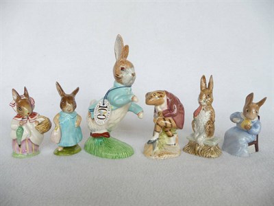 Lot 1055 - Six Royal Doulton (Beswick) Beatrix Potter figures, 'Mr Jeremy Fisher Digging', BP4; 'Mrs...