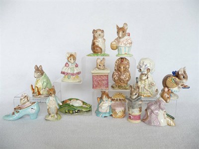 Lot 1056 - Fourteen Beswick Beatrix Potter Mice, Hunca Munca Sweeping; Lady Mouse; Samuel Whiskers; The...