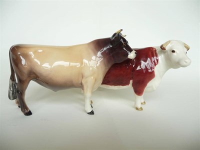 Lot 1073 - Beswick Jersey Bull Ch. 'Dunsley Coy Boy', model No. 1422, 11.9cm high, light brown with dark...