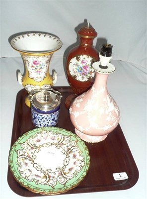 Lot 1 - Dresden vase, lamp base, Crown Derby lamp base, two plates and a preserve pot and cover