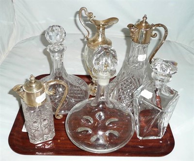 Lot 4 - Baccarat glass decanter, another Orrefors and silver plate mounted decanters (one tray)