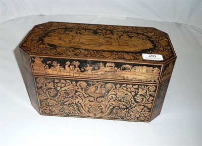 Lot 20 - 19th century pen work tea caddy (one canister lacking)