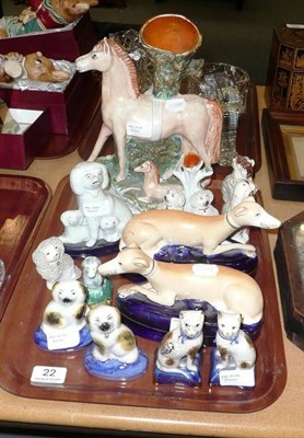 Lot 22 - A tray of Staffordshire figures including greyhound inkwells, cars, spill vases etc