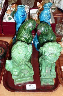 Lot 27 - Pair of Chinese blue glazed horse vases, a pair of 19th century green parrots and a pair of...