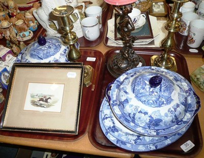 Lot 35 - Pair of blue and white tureens with covers, two matching meat dishes, figural lamp base, pair...