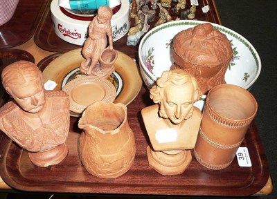 Lot 39 - Quantity of terracotta maquettes including Commondale and Linthorpe Dresser plate and ceramic bowl