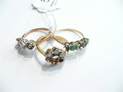 Lot 51 - Three rings with assorted stones missing, diamonds and emeralds remain