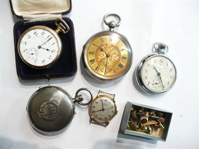 Lot 52 - A silver pocket watch, Illinois plated pocket watch, single push chronograph silver pocket...