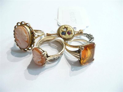 Lot 57 - Two cameo rings, a dress ring, a full eternity ring, a brooch (stone missing) and a diamond...