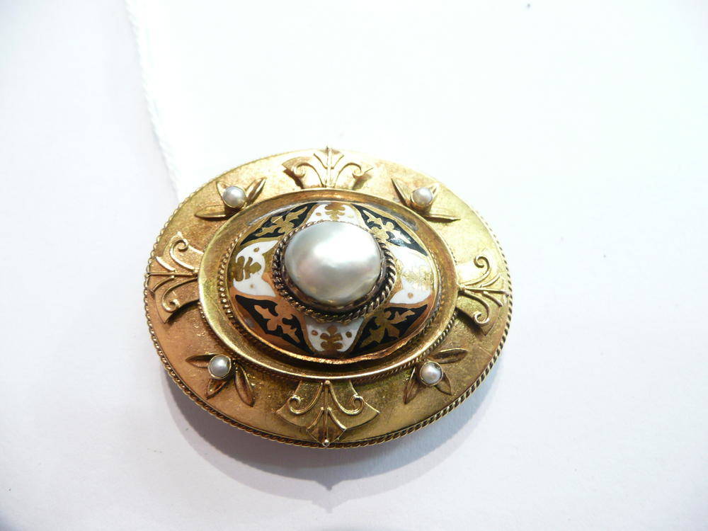 Lot 65 - A Victorian pearl and enamel brooch