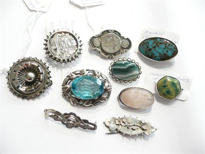 Lot 67 - Five Victorian silver brooches and five stone and porcelain-set brooches