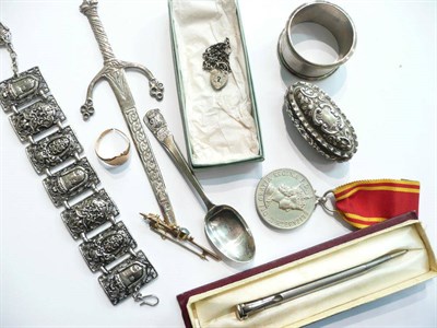Lot 74 - A 9ct gold bar brooch, another, a 9ct ring, a small silver pill box, a silver fob, a napkin ring, a