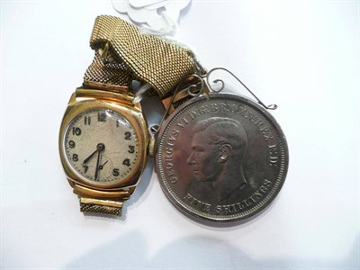 Lot 75 - 9ct gold-cased wristwatch with plated strap and silver-mounted five shilling coin, 1951