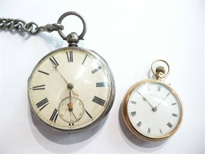 Lot 79 - An 18ct gold fob watch, silver pocket watch and two silver chains