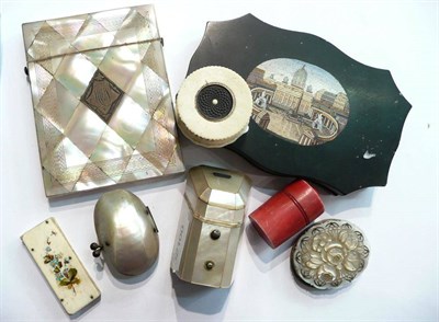 Lot 84 - A micro mosaic small panel, mother of pearl card case, pin cushion case and needle case, shell...