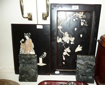 Lot 116 - Two Japanese bone ivory lacquer panels and two soapstone bookends