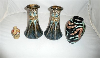 Lot 140 - Moorcroft miniature vase, a Moorcroft-style vase and a pair of Doulton-style vases