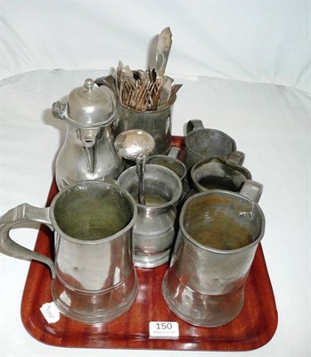 Lot 150 - Tray including pewter jugs, flatware etc