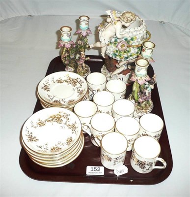 Lot 152 - A tray Crown Staffordshire Aristocrat coffee cups, pair of flower encrusted candelabra and a...